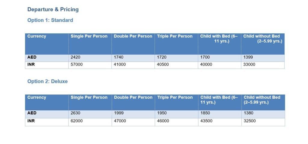 pricing table